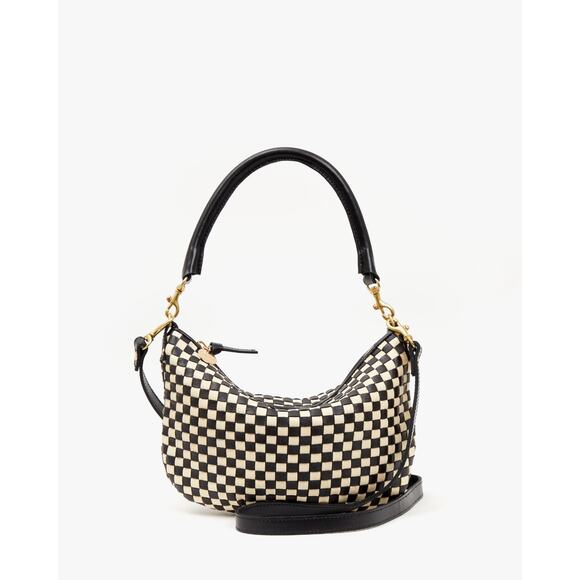 Clare V Los Angeles Petit Moyen Black Cream Woven Checkered Leather Bag Handbag - Picture 2 of 5